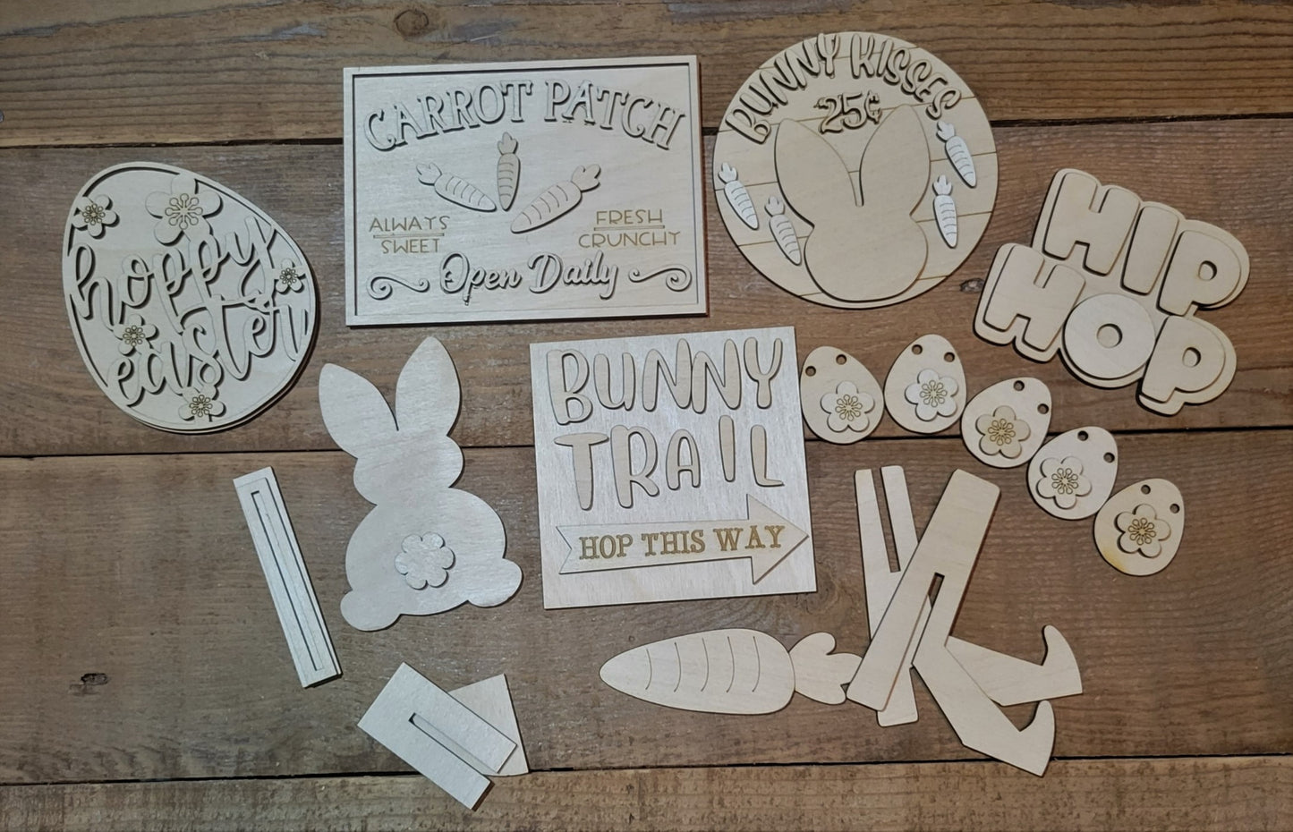 Wood Tags Wood Signs Wood Round Wood Blanks Shape Blanks Rounds Laser DIY kit Hoppy Easter Hoppy Hoppity Hop Home Holidays Holiday decoration Hippity Hoppity Fun Farmhouse blank Farmhouse Easter Bunny Easter Door Hanger DIY Kit diy Cute Crafty Gifts carrott Carrot Patch Blank Shapes
