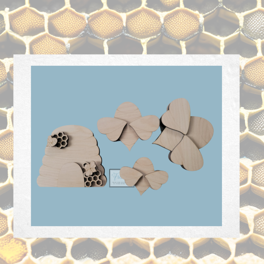 Wood cut out bee hive with a trio of bee wood cut outs, stand on their own