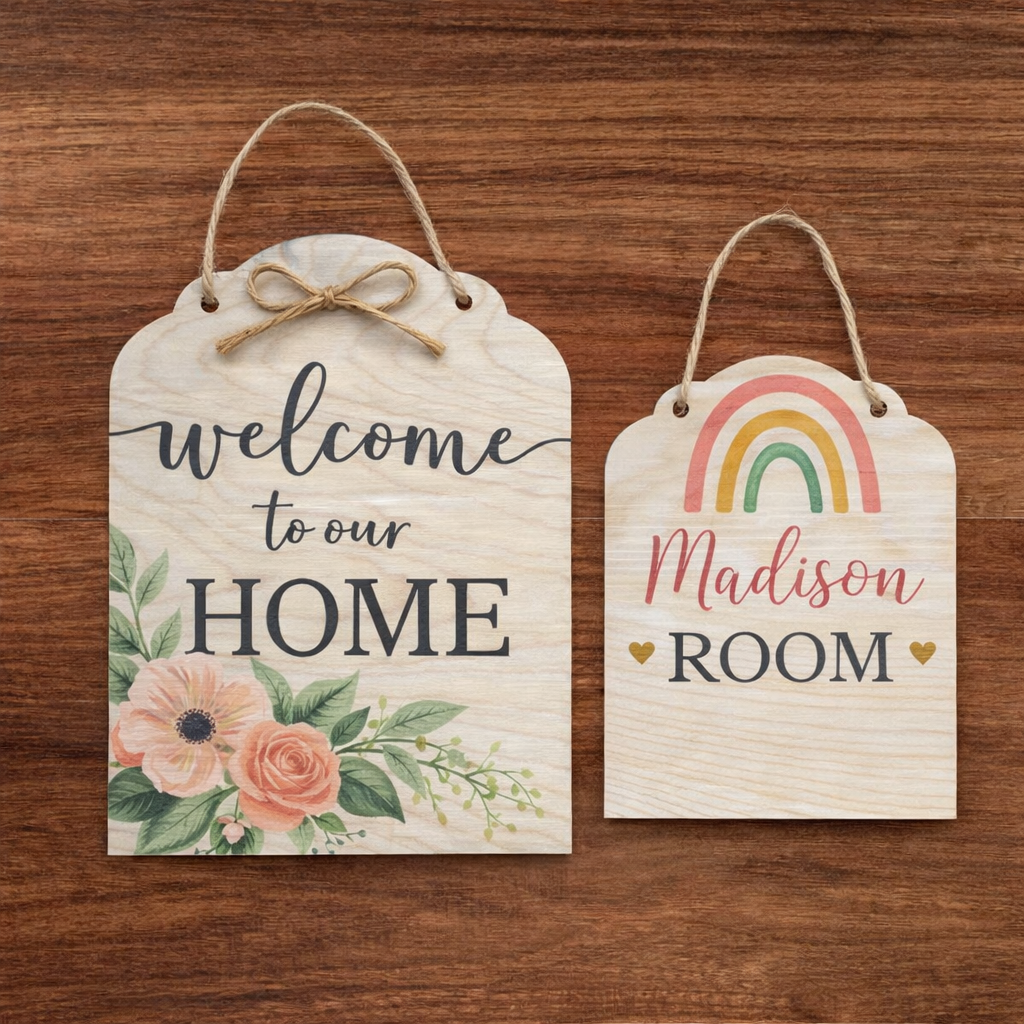 Scalloped wood sign blanks with finished designs welcome home sign and personalized kids room rainbow sign DIY wood craft ideas