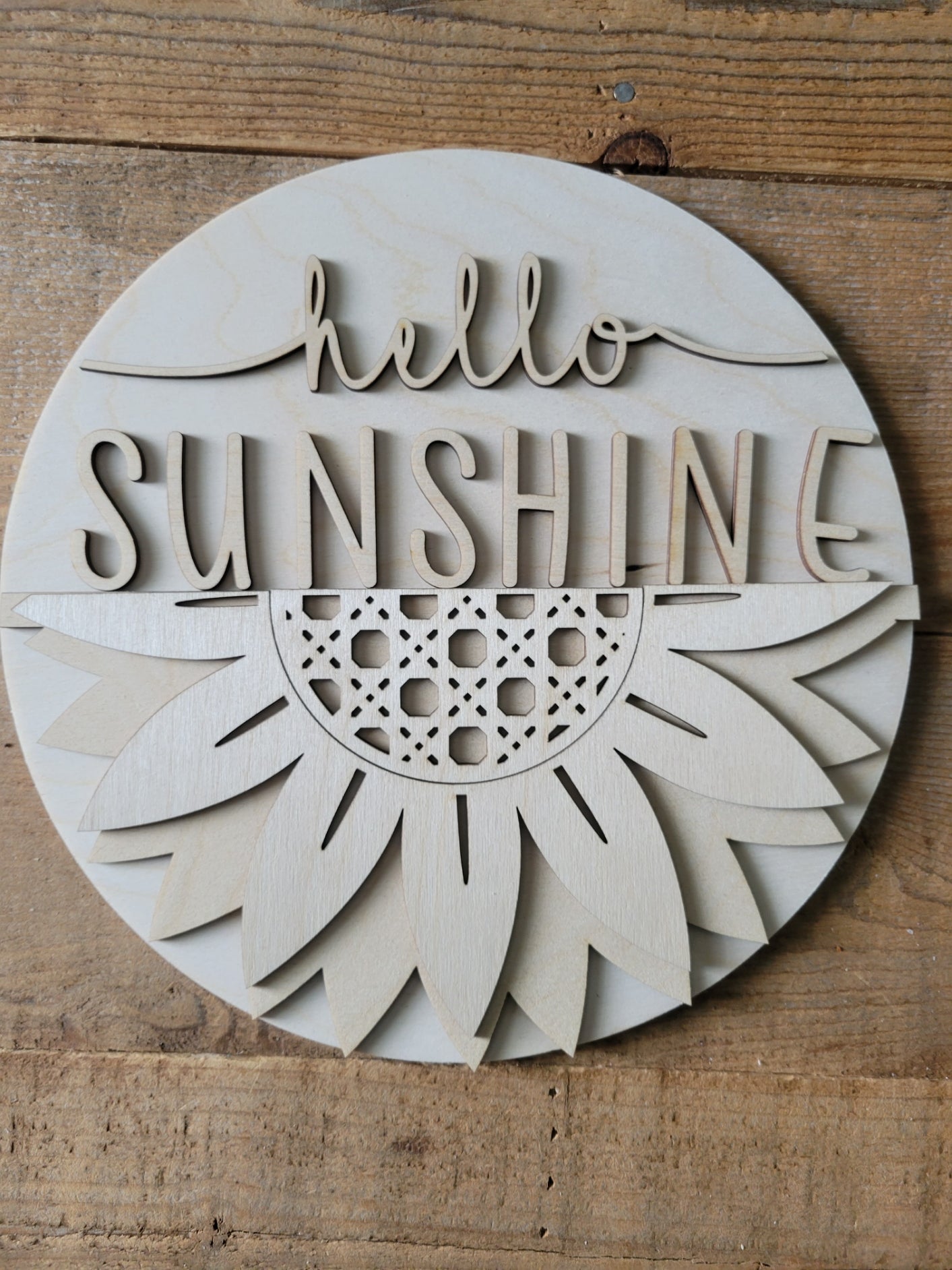 Wood Round, Hello Sunshine, Summer, Sunflower, wooden door hangers  wooden door hanger  Wood Round Door Hangers  Sunshine  Sunflowers  Sunflower  round wood  Laser DIY  Hello Sunshine  Hello  door hangers  Door Hanger  DIY Kit